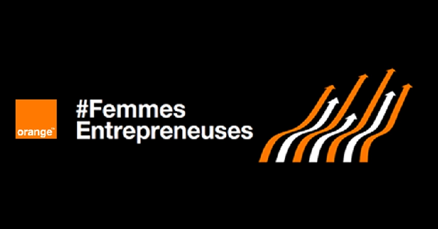 Bannière du programme Femmes Entrepreneuses d'Orange sur fond noir avec logo Orange et flèches de croissance.