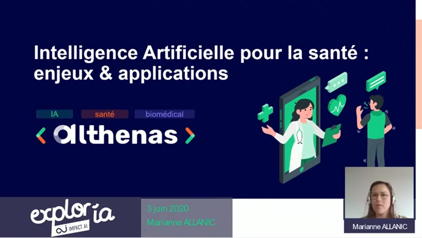 Capture du webinar Explor'IA sur l'IA dans la santé par Althenas avec illustration médicale et visio de Marianne Allanic.